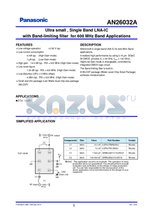 AN26032A datasheet - Ultra small , Single Band LNA-IC with Band-limiting filter for 600 MHz Band Applications