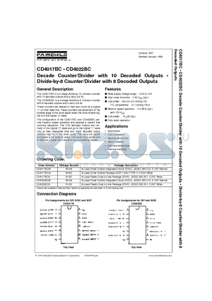CD4017BCM datasheet - Decade Counter/Divider with 10 Decoded Outputs . Divide-by-8 Counter/Divider with 8 Decoded Outputs