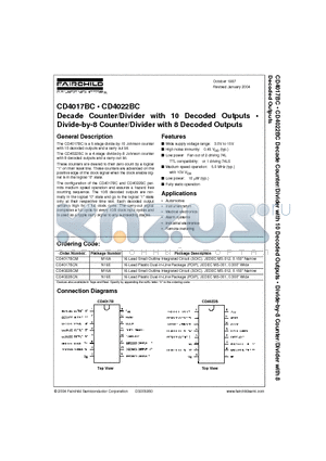 CD4017BCN datasheet - Decade Counter/Divider with 10 Decoded Outputs Divide-by-8 Counter/Divider with 8 Decoded Outputs