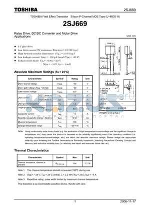2SJ669 datasheet - Silicon P-Channel MOS Type Relay Drive, DC/DC Converter and Motor Drive Applications