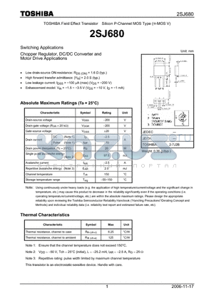 2SJ680_06 datasheet - Silicon P-Channel MOS Type Chopper Regulator, DC/DC Converter and Motor Drive Applications