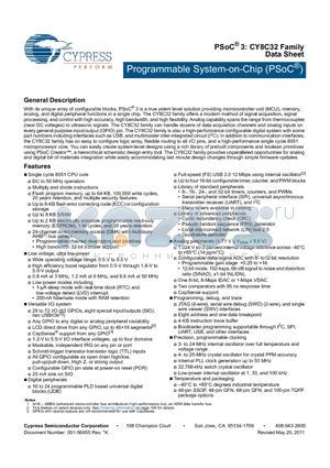 CY8C32 datasheet - Programmable System-on-Chip (PSoC) DC to 50 MHz operation