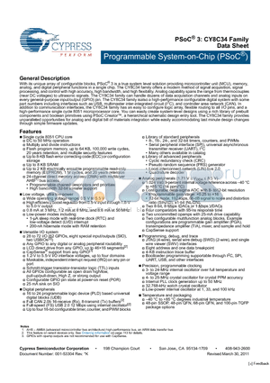 CY8C3444AXI-117 datasheet - Programmable System-on-Chip (PSoC^)