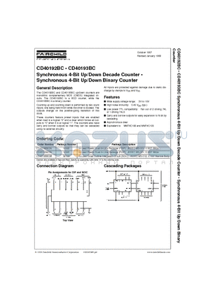 CD40192BCN datasheet - Synchronous 4-Bit Up/Down Decade Counter . Synchronous 4-Bit Up/Down Binary Counter