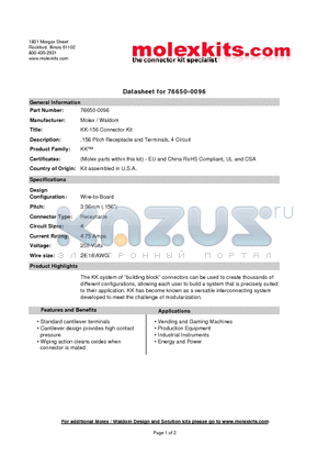 09-50-3041 datasheet - .156 Pitch Receptacle and Terminals, 4 Circuit