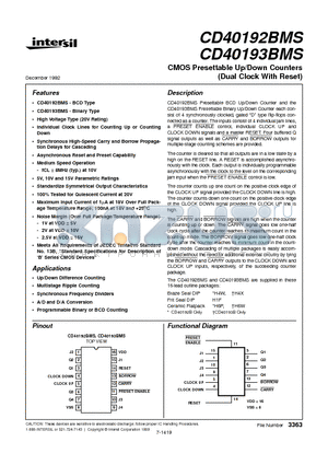 CD40193 datasheet - CMOS Presettable Up/Down Counters (Dual Clock With Reset)