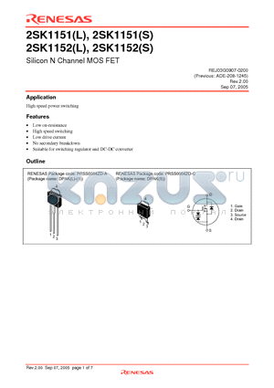 2SK1151L datasheet - Silicon N Channel MOS FET