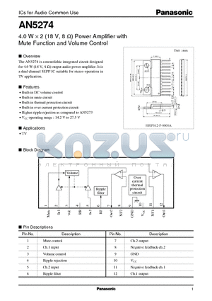 AN5274 datasheet - 4.0 W X 2 (18 V, 8 ohm) Power Amplifier with Mute Function and Volume Control