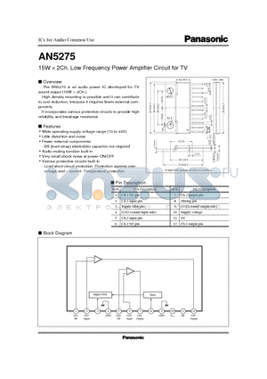 AN5275 datasheet - 15W X 2Ch. Low Frequency Power Amplifier Circuit for TV