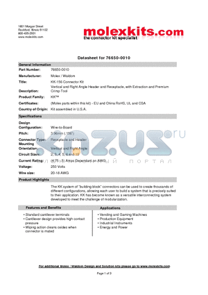 09-50-7101 datasheet - KK-156 Connector Kit Vertical and Right Angle Header and Receptacle, with Extraction and Premium Crimp Tool