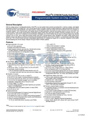 CY8C3665LTI-006 datasheet - Programmable System-on-Chip (PSoC)