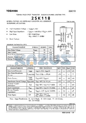 2SK118 datasheet - N CHANNEL JUNCTION TYPE (GENERAL PURPOSE AND IMPEDANCE CONVERTER AND CONDENSER MICROPHONE APPLICATIONS)