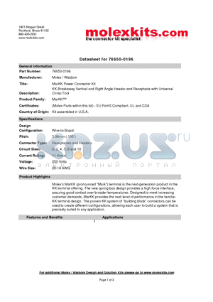 09-50-8103 datasheet - KK Breakaway Vertical and Right Angle Header and Receptacle with Universal Crimp Tool