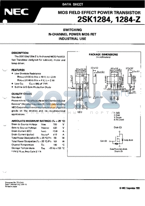 2SK1284-Z datasheet - SWITCHING N-CHANNEL POWER MOS FET INDUSTRIAL USE