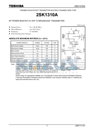 2SK1310A datasheet - TRANSISTOR SILICON N CHANNEL MOS TYPE RF POWER MOS FET for VHF TV BROADCAST TRANSMITTER