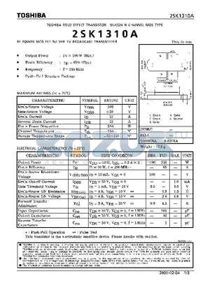 2SK1310A datasheet - TOSHIBA FIELD EFFECT TRANSISTOR SILICON N CHANNEL MOS TYPE