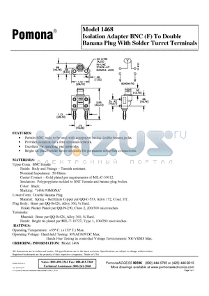 1468 datasheet - Isolation Adapter BNC (F) To Double Banana Plug With Solder Turret Terminals