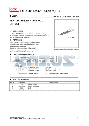 AN6651 datasheet - MOTOR SPEED CONTROL CIRCUIT