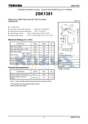 2SK1381_04 datasheet - Field Effect Transistor Silicon N Channel MOS Type (L2−pai-MOSIII) Relay Drive, Motor Drive and DC−DC Converter