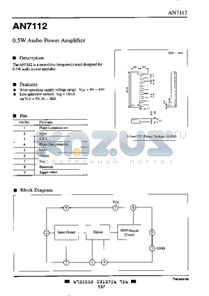 AN7112 datasheet - 0.5W Audio Power Amplifier