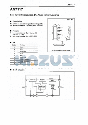 AN7117 datasheet - LOW POWER CONSUMPTION 1W AUDIO PAWER AMPLIFIER