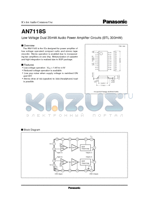 AN7118S datasheet - Low Voltage Dual 35mW Audio Power Amplifier Circuits BTL 300mW