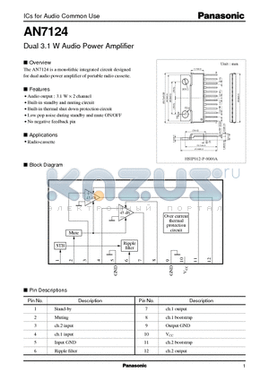 AN7124 datasheet - Dual 3.1 W Audio Power Amplifier