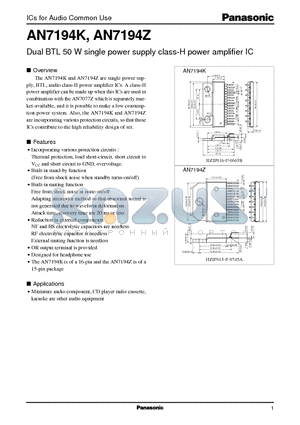 AN7194Z datasheet - Dual BTL 50 W single power supply class-H power amplifier IC
