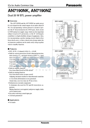 AN7190 datasheet - Dual 20 W BTL power amplifier