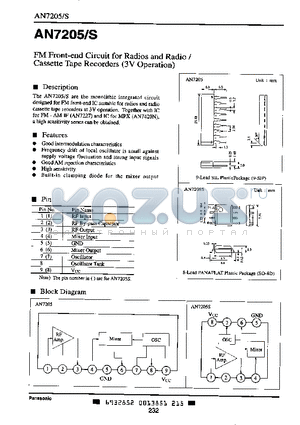 AN7205S datasheet - FM FRONT-END CIRCUIT FOR RADIOS AND RADIO / CASSETTE TAPE RECORDERS (3V OPERATION)