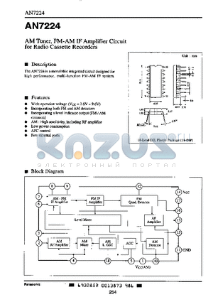 AN7224 datasheet - AM Tuner, FM-AM IF Amplifier CircuIt for RadIo Cassette Recorders