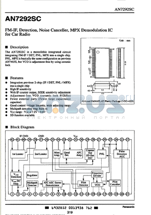 AN7292SC datasheet - FM-IF Detection, Noise Canceller, MPX Demodulation IC for Car Radio