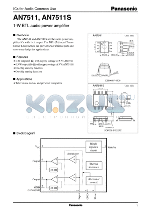 AN7511 datasheet - 1-W BTL audio power amplifier