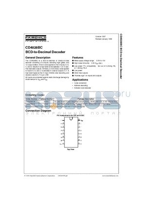 CD4028BCM datasheet - BCD-to-Decimal Decoder