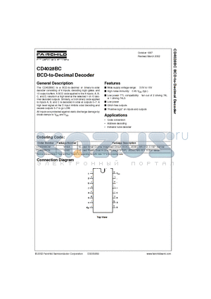 CD4028BCM datasheet - BCD-to-Decimal Decoder