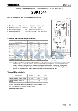 2SK1544 datasheet - N Channel MOS Type (pie -MOS III.5) High Speed, High Current DC-DC Converter, Relay Drive and Motor Drive Applications