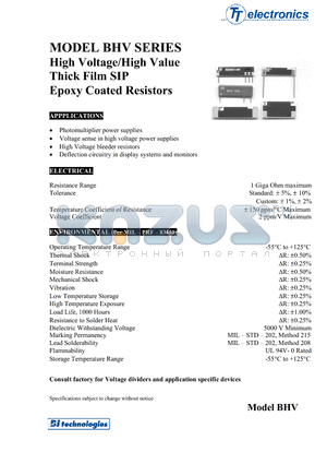 BHV10RWXXXF datasheet - High Voltage/High Value Thick Film SIP Epoxy Coated Resistors