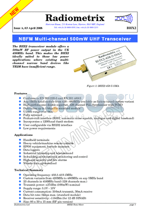 BHX2-458-5-SMA datasheet - NBFM Multi-channel 500mW UHF Transceiver