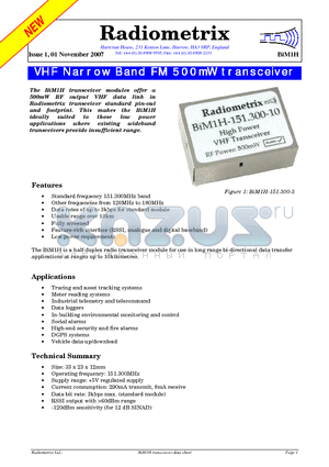 BIM1H datasheet - VHF Narrow Band FM 500mW transceiver