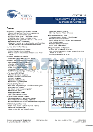 CY8CTST120-00AXI datasheet - TrueTouch Single-Touch Touchscreen Controller