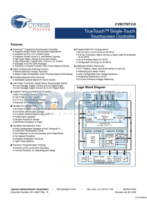 CY8CTST110-00PVXI datasheet - TrueTouch Single-Touch Touchscreen Controller