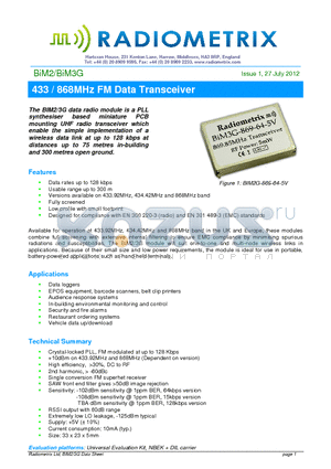 BIM2_12 datasheet - 433 / 868MHz FM Data Transceiver