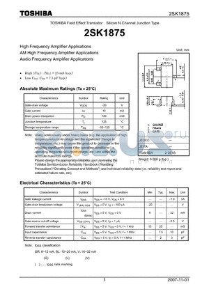2SK1875 datasheet - N CHANNEL JUNCTION TYPE (HIGH, AM HIGH, AUDIO FREQUENCY AMPLIFIER APPLICATIONS)