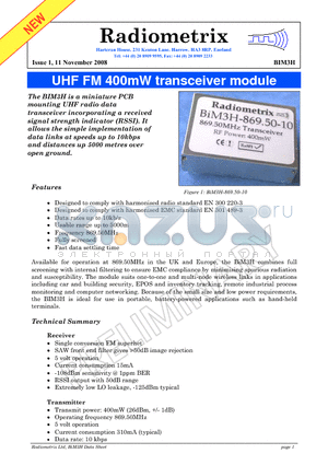 BIM3H datasheet - UHF FM 400mW transceiver module