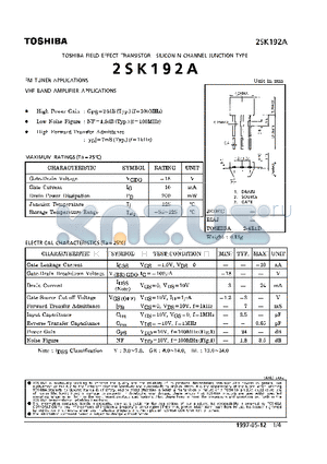 2SK192A datasheet - N CHANNEL JUNCTION TYPE (FM TUNER, VHF BAND AMPLIFIER APPLICATIONS)