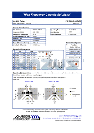 0900BL18B100 datasheet - 900 MHz Balun