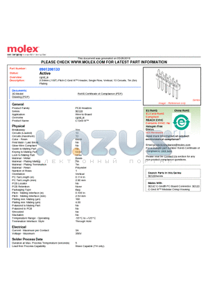 0901200133 datasheet - 2.54mm (.100) Pitch C-Grid III Header, Single Row, Vertical, 13 Circuits, Tin (Sn) Plating