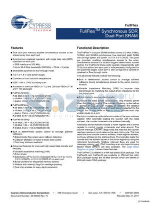 CYD09S36V18-200BBXI datasheet - FullFlex Synchronous SDR Dual Port SRAM Commercial and Industrial temperature