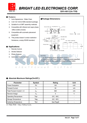 BIR-HM133A-TRB datasheet - Water Clear. 3.2x1.6x1.4mm(1206) standard package.