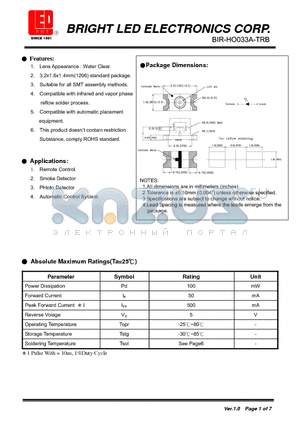 BIR-HO033A-TRB datasheet - Water Clear. 3.2x1.6x1.4mm(1206) standard package.